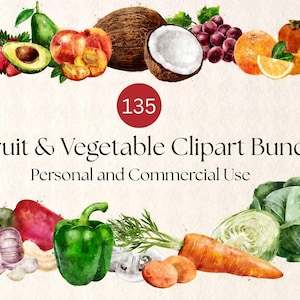 Pacote de 135 clipart de frutas e vegetais em aquarela pintados à mão, fundo transparente PNG, ilustrações de produtos frescos, adesivos digitais