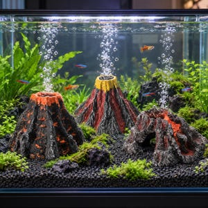 May include: Three volcano-shaped aquarium ornaments with textured gray and black surfaces and orange or yellow lava accents. Each volcano features a central air stone emitting a vertical stream of bubbles, surrounded by green aquatic plants and small fish.