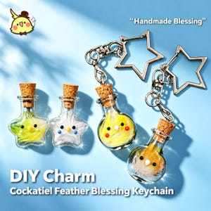 May include: Four glass bottle charms with cork stoppers containing colourful feathers and small bead eyes. Two bottles are star-shaped and two are round. Two bottles are attached to silver star-shaped keychains. Text reads "Handmade Blessing" and "DIY Charm Cockatiel Feather Blessing Keychain".