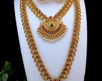Lakshmi Pendant Temple Jewelry Set | Antique Gold South Indian Bridal Necklace