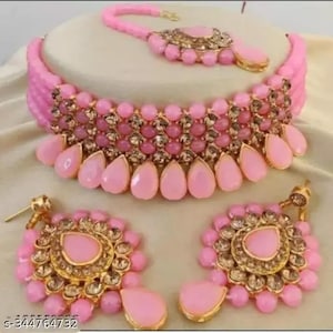 Pink Kundan Choker Necklace Set for Women | Bridal Jewelry with Earrings & Maang Tikka | Traditional Indian Wedding Jewelry