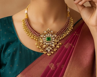 Indian Kundan Necklace Set with Emerald Accents, Bridal Gold Tone Jewelry Design