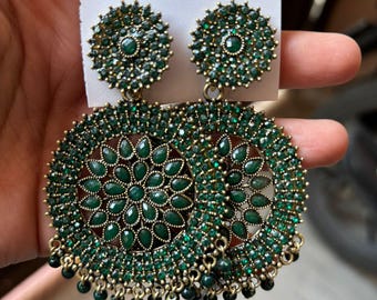 Green Traditional Statement Earrings for Women, Ethnic Round Dangle Jewelry, Festival Party Wear