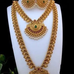 Indian Temple Jewelry Set | Gold Plated Bridal Necklace with Earrings | Traditional Haram & Choker | South Indian Wedding Jewelry
