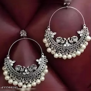 Boho Oxidized Hoop Earrings with Peacock Design & Pearl Beads | Ethnic Indian Jhumka Statement Jewelry&quot;