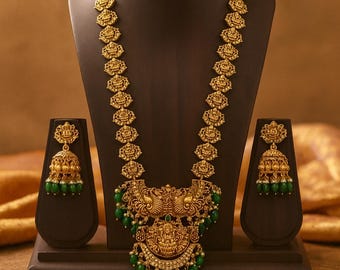 Traditional Gold Tone Temple Jewelry Necklace Set with Green Beads, Bridal Gift Set
