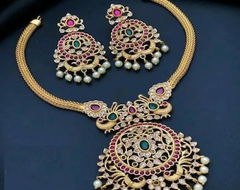Conjunto de joyería Kundan chapado en oro / Collar de pavo real del sur de la India, pendientes Jhumka