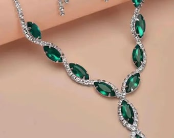 Emerald Green Crystal Necklace Earring Set – Silver Bridal Jewelry