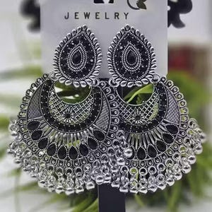 Oxidized Silver Chandbali Earrings | Indian Ethnic Statement Jhumka | Boho Festival Jewelry | Traditional Tribal Dangler Earrings for Women