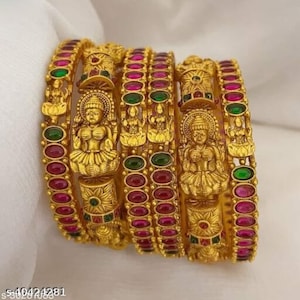 Brazaletes de la diosa Lakshmi chapados en oro con rubíes, joyería nupcial india, regalo festivo de boda.