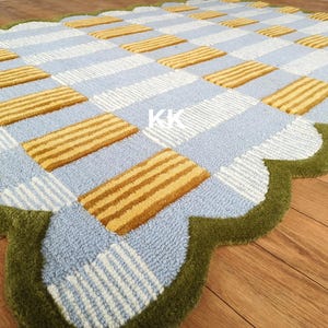 Scalloped Area Rug Hand Tufted Plaid Rug Custom Rug Irregular Minimalist Blue Carpet 100% Natural Wool Rug for Guestroom Living Room Bedroom