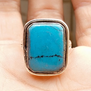 Sterling Silver Ring: Blue Turquoise Rectangle Stone, Handmade
