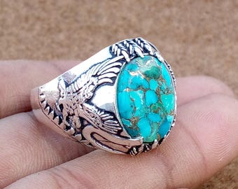 Anello da uomo fatto a mano in argento sterling, turchese, blu e rame, fascia importante