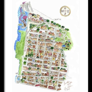May include: A hand-drawn watercolor map of a town with a compass rose in the upper right corner. The map is labeled "Budd's Neck, Long Island" and signed "Lynn Falter, 2005".