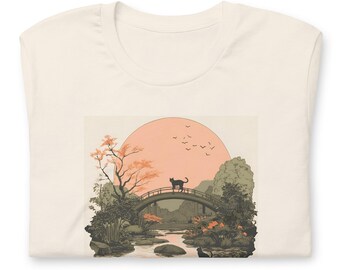 Zen Cat Tee | Minimalist Vintage Japanese Art T‑Shirt | Nature‑Inspired Cotton Unisex Tee