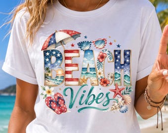 Beach Vacation Shirt,Patriotic Summer Vibes T-Shirt,Comfort Colors®American Flag Ocean Tee,Independence Day Beachwear