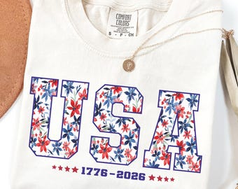 Comfort Colors® Floral USA Patriotic T-shirt, America 250 Years 4th of July Shirt