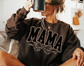 Leopard Print Mama Sweatshirt,Coquette Bow Mom Sweater,Mother's Day Gift,Gift for New Mom