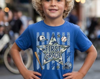 First Grade Boy Shirt,Back To School Camo Star Graphic Sports Tee,Baseball Football Kids Clothes,First Day Of School Outfit