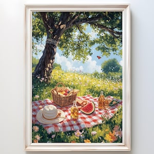 Serene Summer Picnic Scene Art Print | Vibrant Meadow Picnic with Fruits & Sunshine | Outdoor Relaxation Wall Decor