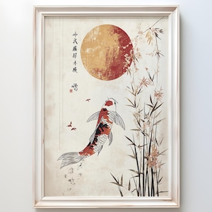Serene Koi Fisch Kunstdruck | Wanddekor im japanischen Stil mit Roter Sonne & Bambus | Ruhiges Orientalisches Poster