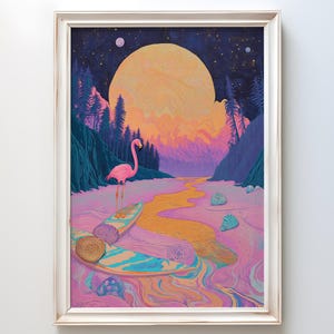 Surreal Flamingo and Golden River Print | Dreamy Nightscape Art with Celestial Skies | Vibrant Fantasy Wall Decor