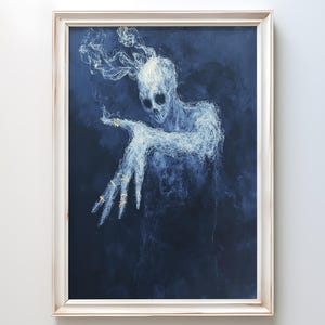 Ghostly Smoke Skeleton Poster | Ethereal Skull Art Print with Blue Mist & Gold Rings | Haunting Horror Wall Decor