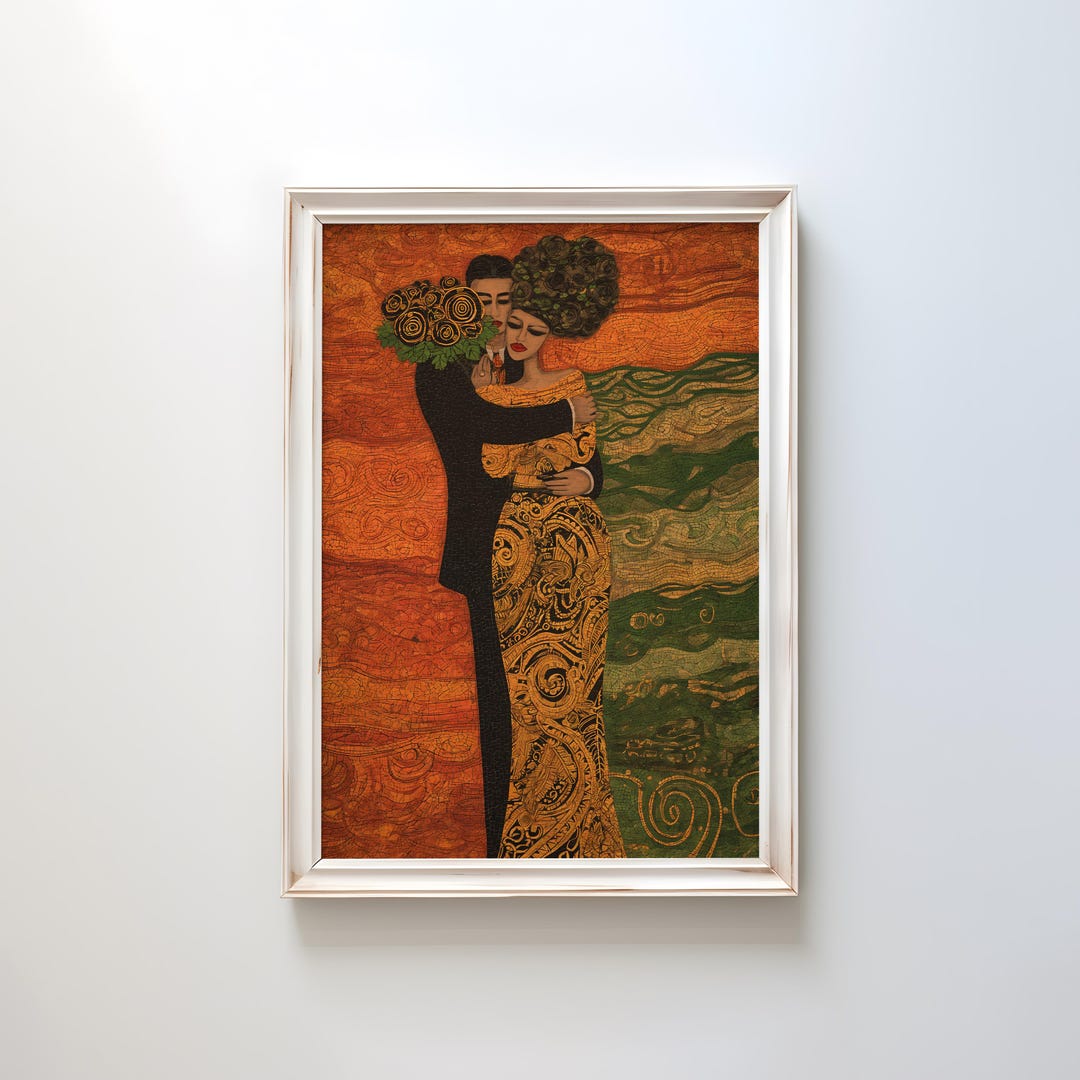 Gustav Klimt Inspired Romantic Embrace Art Print | Lovers in Ornate ...