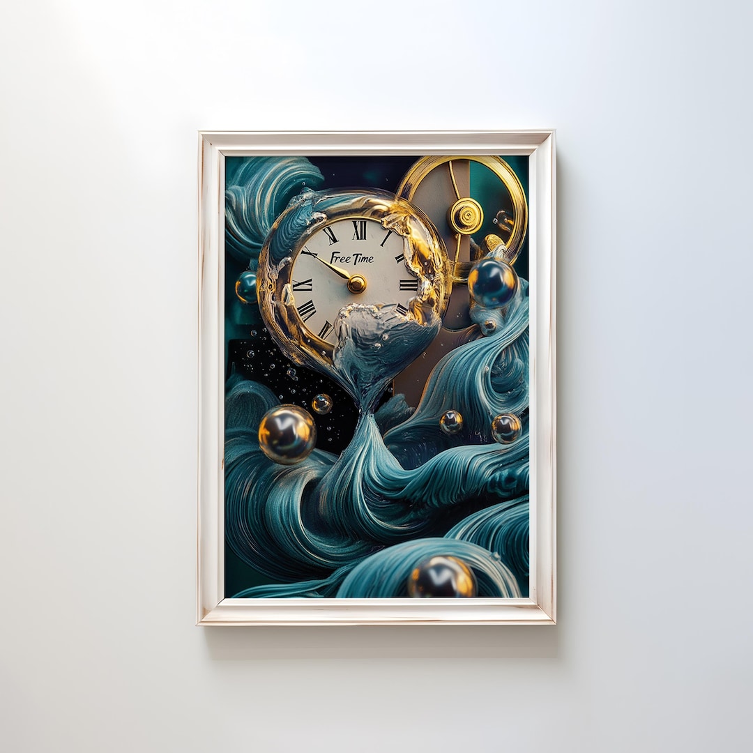 Surreal Melting Clock Art Print | Turbulent Time Flow With Gold Accents ...