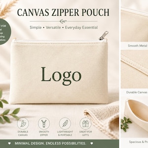 May include: A rectangular off-white canvas zipper pouch featuring the word Logo printed in dark green on the front. The pouch includes a smooth metal zipper closure, durable canvas material, and a spacious interior compartment for storage.