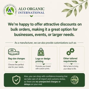 May include: An advertisement for ALO ORGANIC INTERNATIONAL, offering discounts on bulk orders. The image includes text about bag size changes, logo printing, and other tailored requirements. The background is a light green with leaf accents.