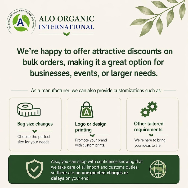 May include: An advertisement for ALO ORGANIC INTERNATIONAL, offering discounts on bulk orders. The image includes text about bag size changes, logo printing, and other tailored requirements. The background is a light green with leaf accents.