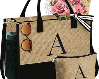 Personalized Gift Bag for Women - Initial Jute Burlap Tote Bag & Makeup Bag, Birthday Gifts for Women Mom Wife Teacher Friend