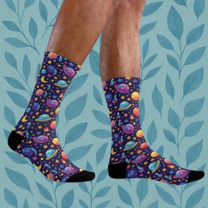 Cosmic Pattern Crew Socks | Colorful Fun Space Theme Footwear | Vibrant Planets Stars Galaxies Print | Unique Universe Gift