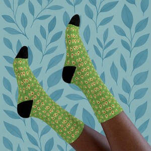 Avocado Print Crew Socks | Fun Green Socks with Black Toes & Heels | Quirky Avocado Design | Unisex Socks | Quirky Gift Idea