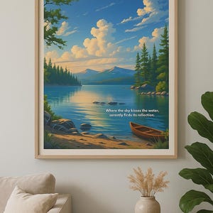 Tranquil Lakefront Landscape | Serene Mountain Lake Digital Art Print