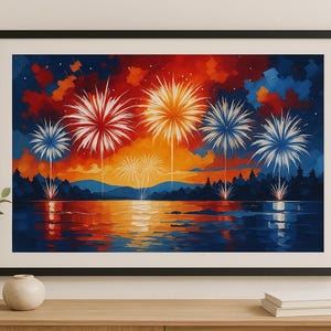 Red White & Blue Fireworks Printable – 4th of July Digital Wall Art, Patriotic Summer Decor, Independence Day Painting Style