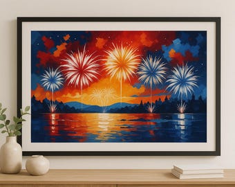Red White & Blue Fireworks Printable – 4th of July Digital Wall Art, Patriotic Summer Decor, Independence Day Painting Style