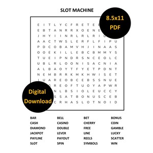 Slot Machine Printable Word Search Puzzle With Solution Digital Download