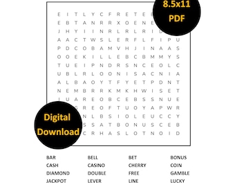 Sopa de letras imprimible de máquina tragamonedas con solución, descarga digital