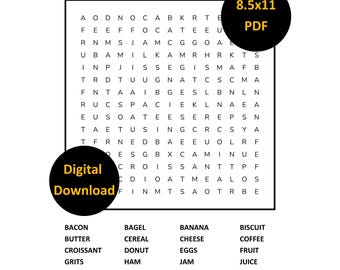 Morning Breakfast Printable Word Search Puzzle With Solution Digital Download