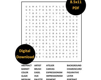 May include: A word search puzzle with the title "OIL PAINTING" and the text "Digital Download" and "8.5x11 PDF". The puzzle contains words related to art such as "ABSTRACT", "BRUSH", "CANVAS", and "PORTRAIT".