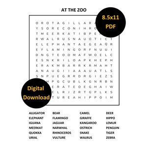 At The Zoo Printable Word Search Puzzle With Solution Digital Download