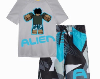 Roblox Kids Rash Guard and Swim Trunks Shorts Set - Grey/Blue/Alien