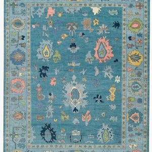 Hand-Knotted Wool Rug, Geometric Floral Rug, Abstract Design Wool Rug, Soft Blue Wool Rug, Pastel Color Rug, Light Blue and Turquoise Rug
