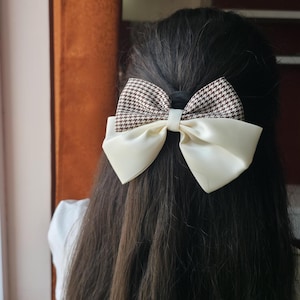 Houndstooth Hair Bow Clip: Large Plaid Ribbon, Vintage Girl Style Hair Clip, Satin Hair Bow Ribbon