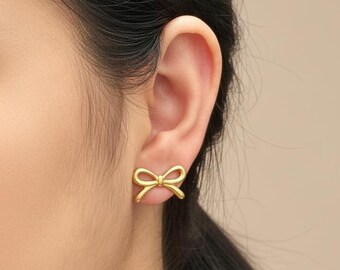 18k Gold Bow Stud Earrings, Minimalist Ribbon Bow Jewelry, Valentine's Gift For Girlfriend