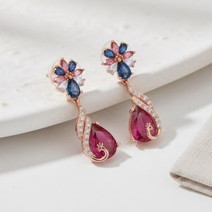 Ruby Red Floral Drop Earrings | Peacock Dangler, Ethnic Glam | Women, Girlfriend Valentine Gift
