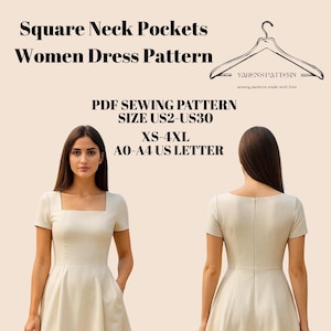 Square Neck Pockets Women Dress Pattern,Above Knee Women Dress Sewing,Casual Dress, Square Neck Dress,Pockets DressA0 A4 US LETTER-US2 to 30