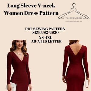 V-Neck, Long Sleeve Dress Sewing Pattern: Women&#39;s Sizes XS-4XL (Digital Download)